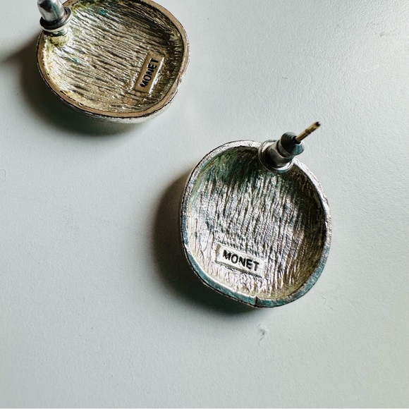 Vintage Monet Silver Hammered Style Circle Earrings - Picture 4 of 6